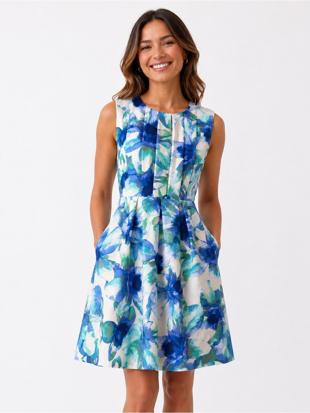 Vince Camuto Water Color Floral Pleated Midi Dress